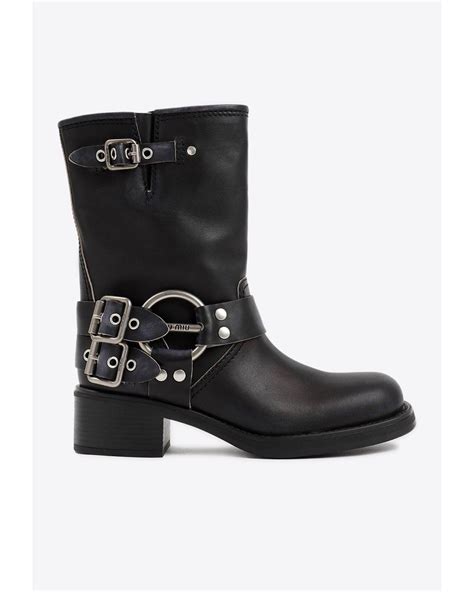 biker miu miu|Leather ankle biker boots in black .